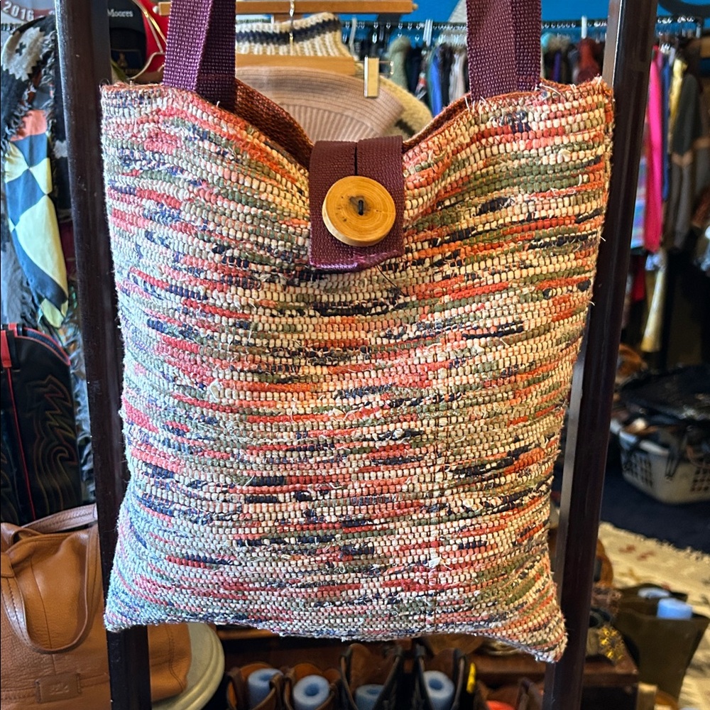 Colorful Woven Tote with Button Accent